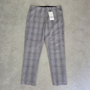 NWT ZARA Pants Plaid Slim Fit Trousers Gray Check Pattern, Size Large